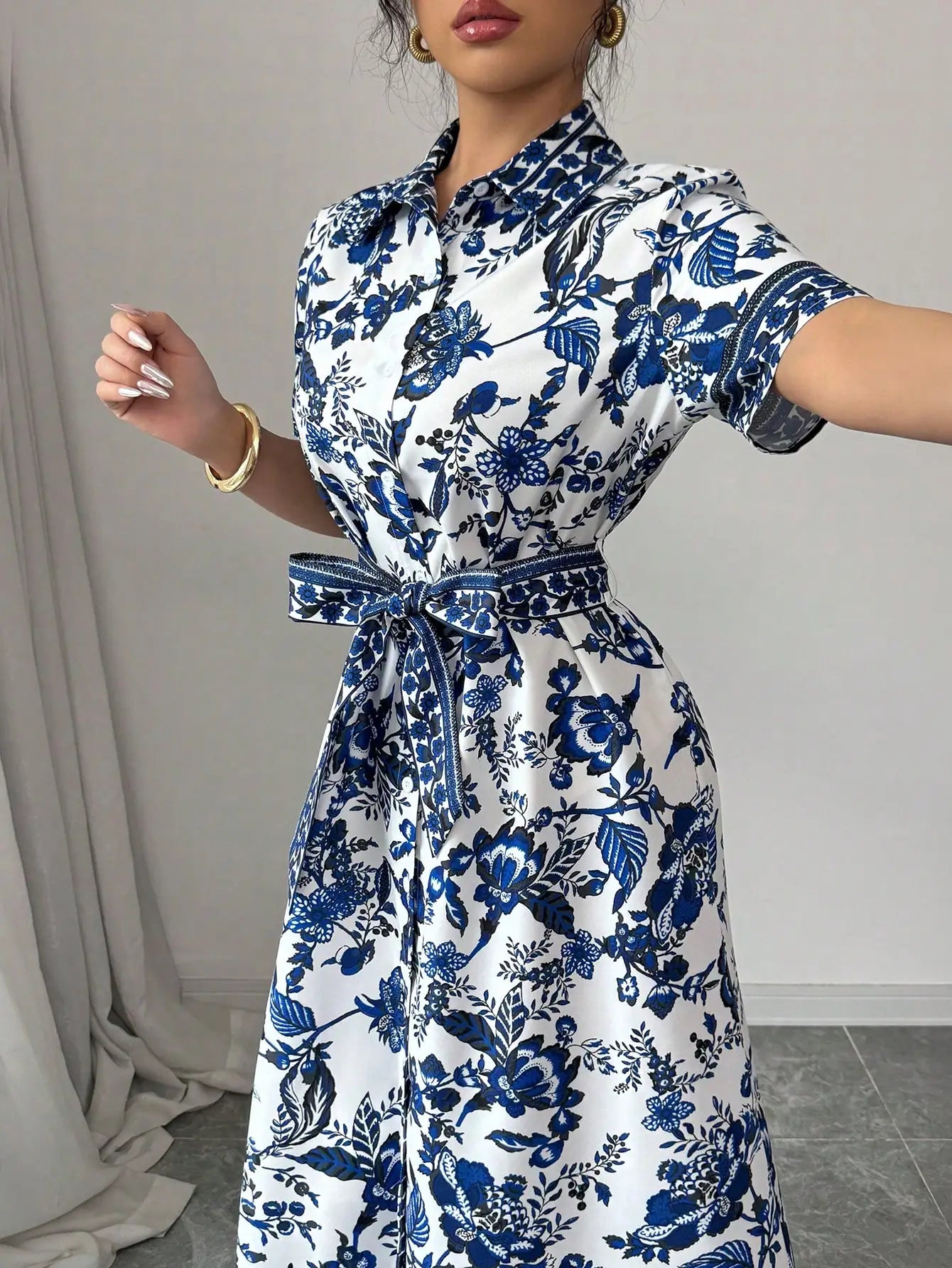 Casual Vacation Collared Button Up Porcelain Floral Print Flare Dress
