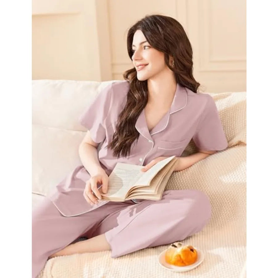 Ekouaer Women's 100% Cotton Pajamas Set Short Sleeve Button Down Pjs 2 Pcs Soft Sleepwear with Long Pants Lounge Set