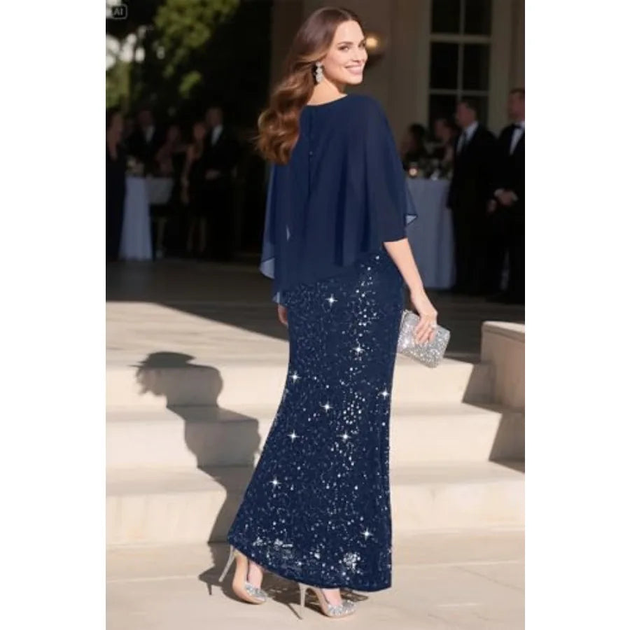 Plus Size Formal Dress - Evening Sequin Lace Long Mermaid Prom Dress with Chiffon Overlay Cape
