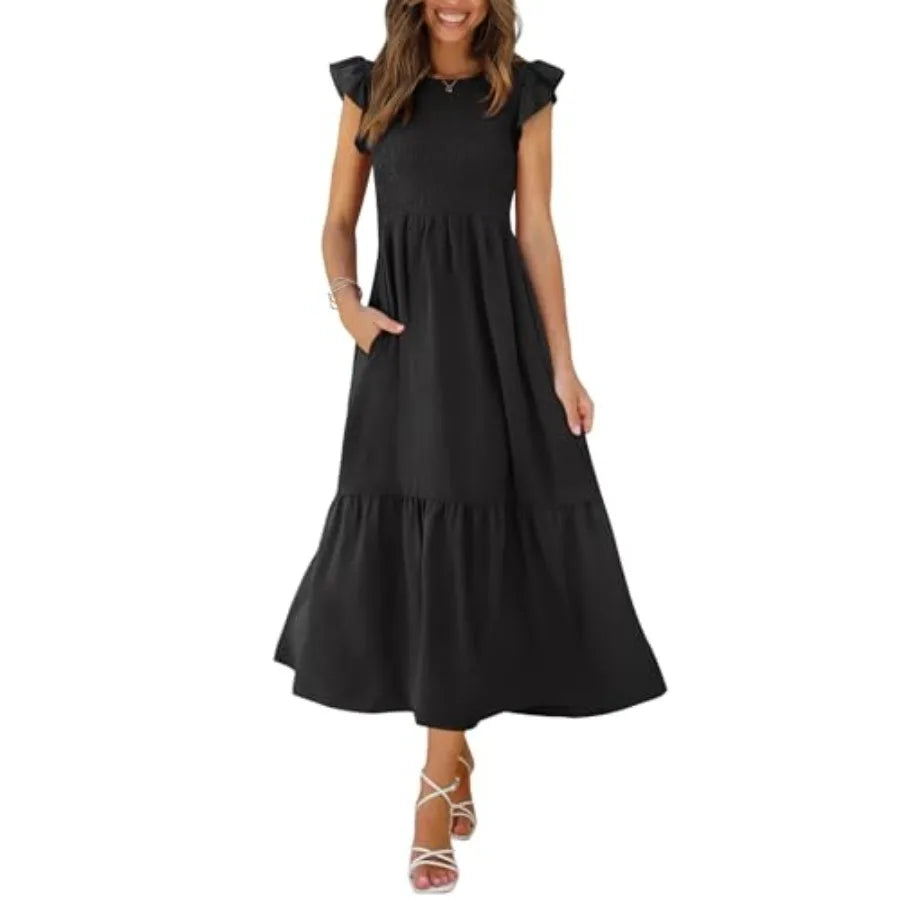 OFEEFAN Women's Casual Maxi Dresses with Pockets Ruffle Sleeve Smocked Dress XS-2XL
