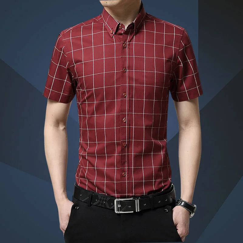 BROWON Men Plaid Short Sleeve Business Casual Shirt
