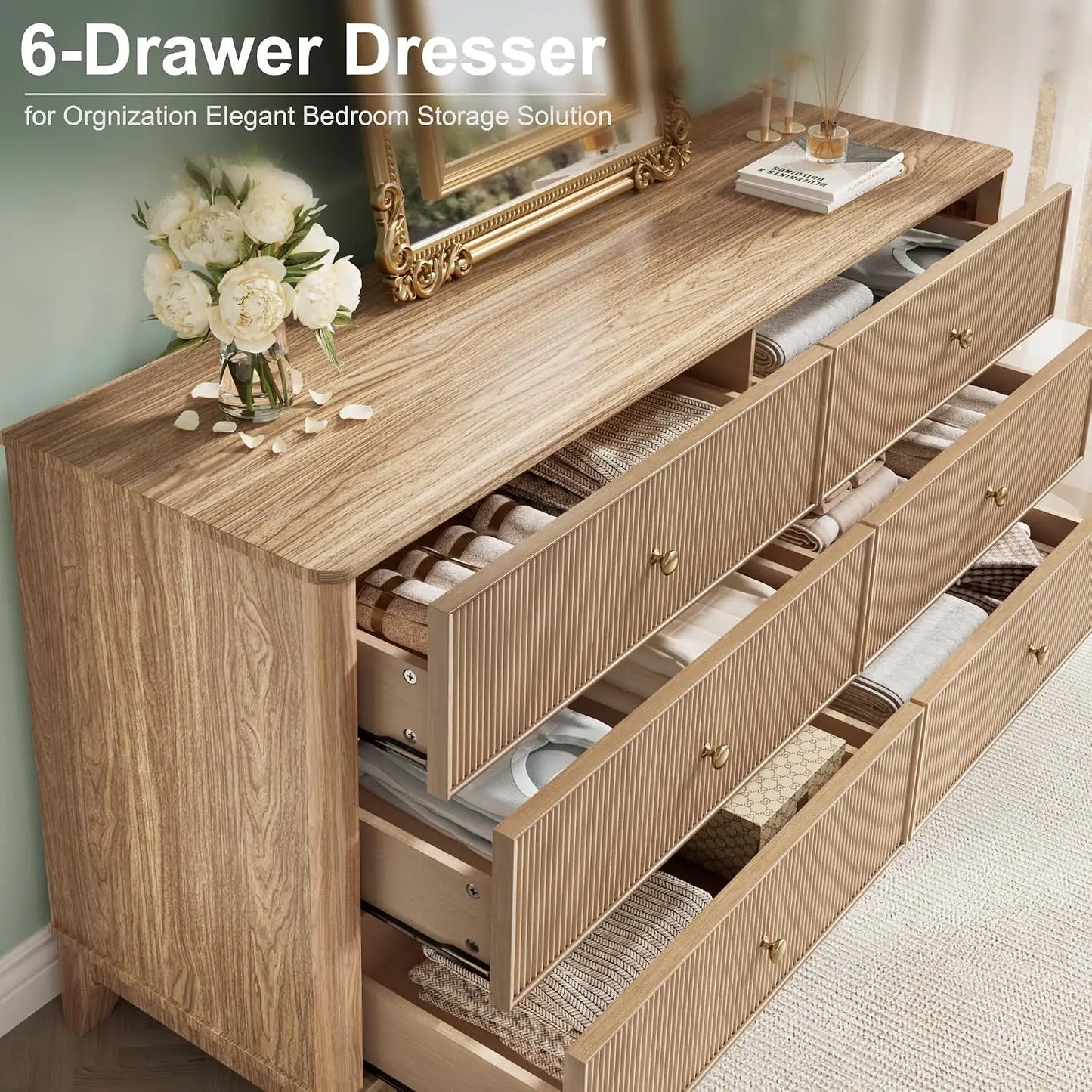 54" Wide Modern Fluted Wooden 6 Drawer Dresser, Multi-Functional Bedroom TV Storage Chest with Smooth Round Corners, Customized