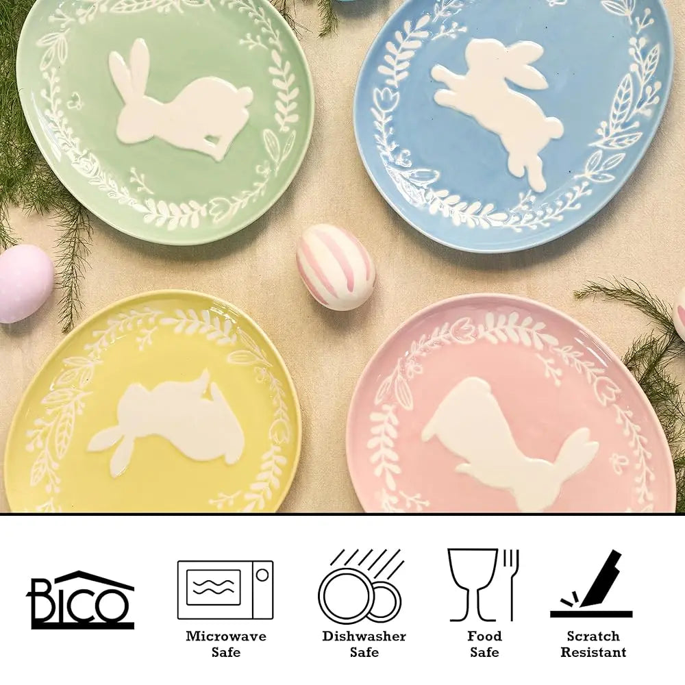 BONJEAN Pastel Bunny Stoneware Salad Plates Set Microwave Safe
