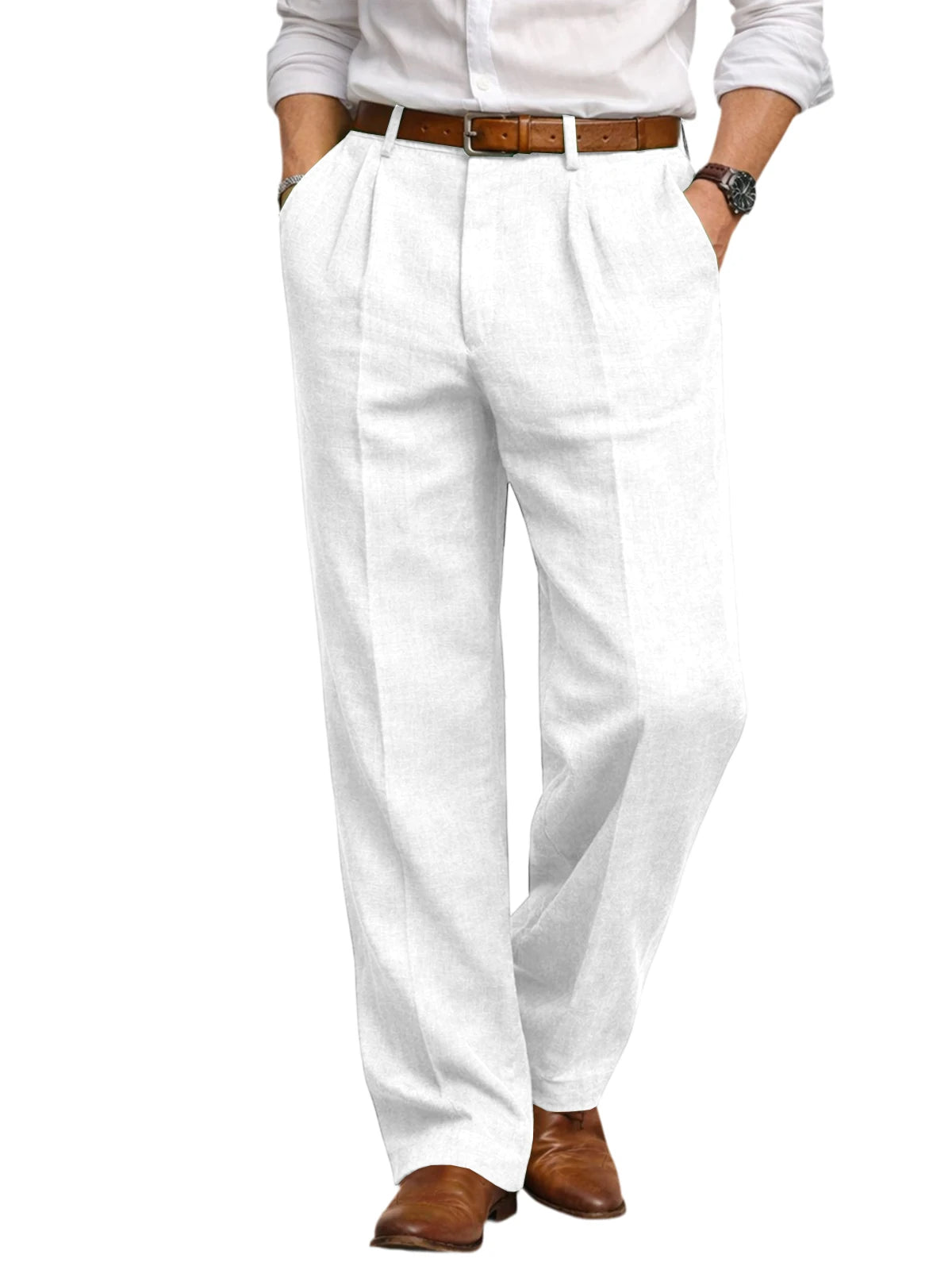 Men's Summer Linen Suit Pants High Waist Pleated Wide Leg Casual Trousers Business Formal  Breathable Loose Fit Straight Pants