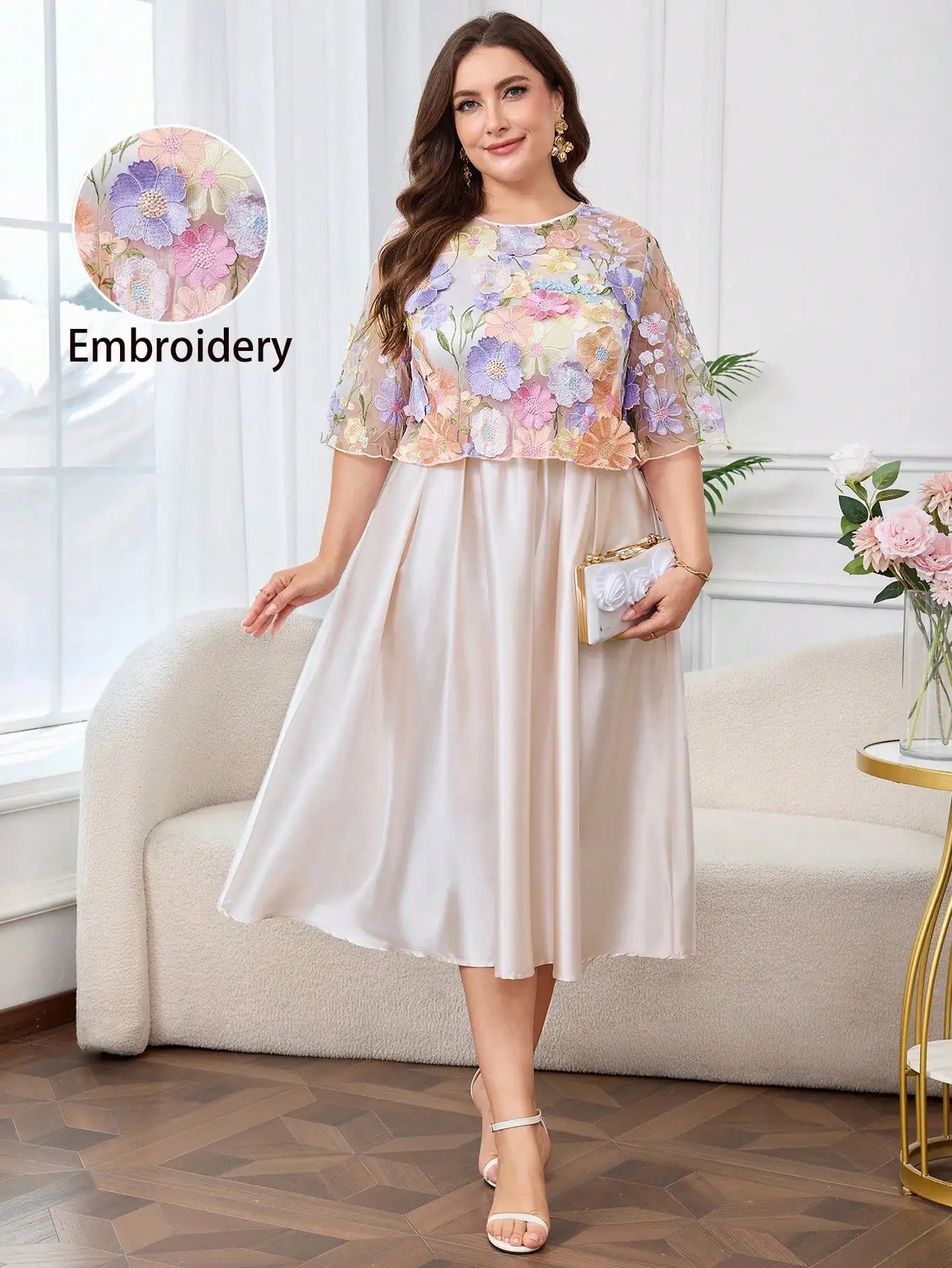 Plus Size Floral Embroidery Elegant Round Neck Midi Dress For Spring Summer