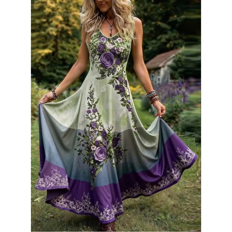 【New style】2026 summer new - European and American  sleeveless elegant dress Printed v-neck long dress Large size women's dress