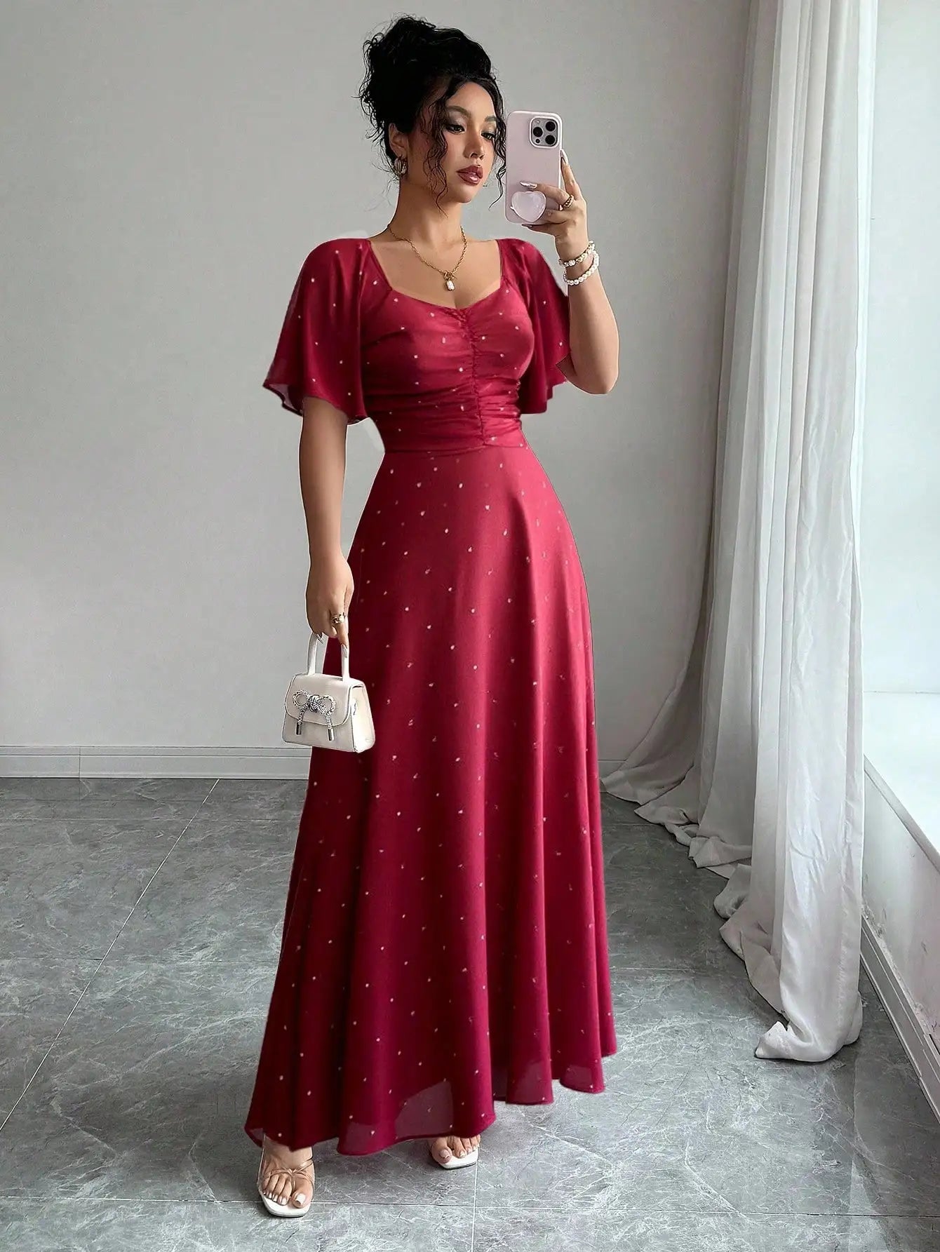 Women's Chiffon Butterfly Print Ruched Square Neck Batwing Sleeve Maxi Dress
