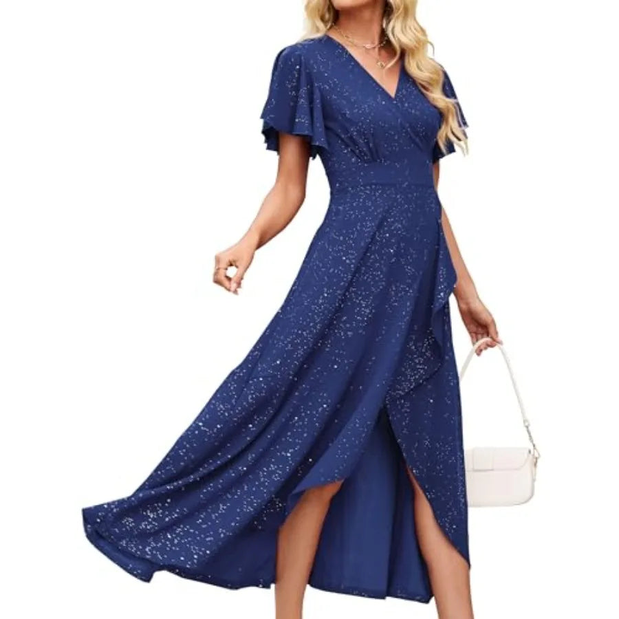 Long Formal Dresses for Women Gowns Evening Party Cocktail Dress, Split Elegant V Neck Wrap Ruffle Wedding Guest Dresses