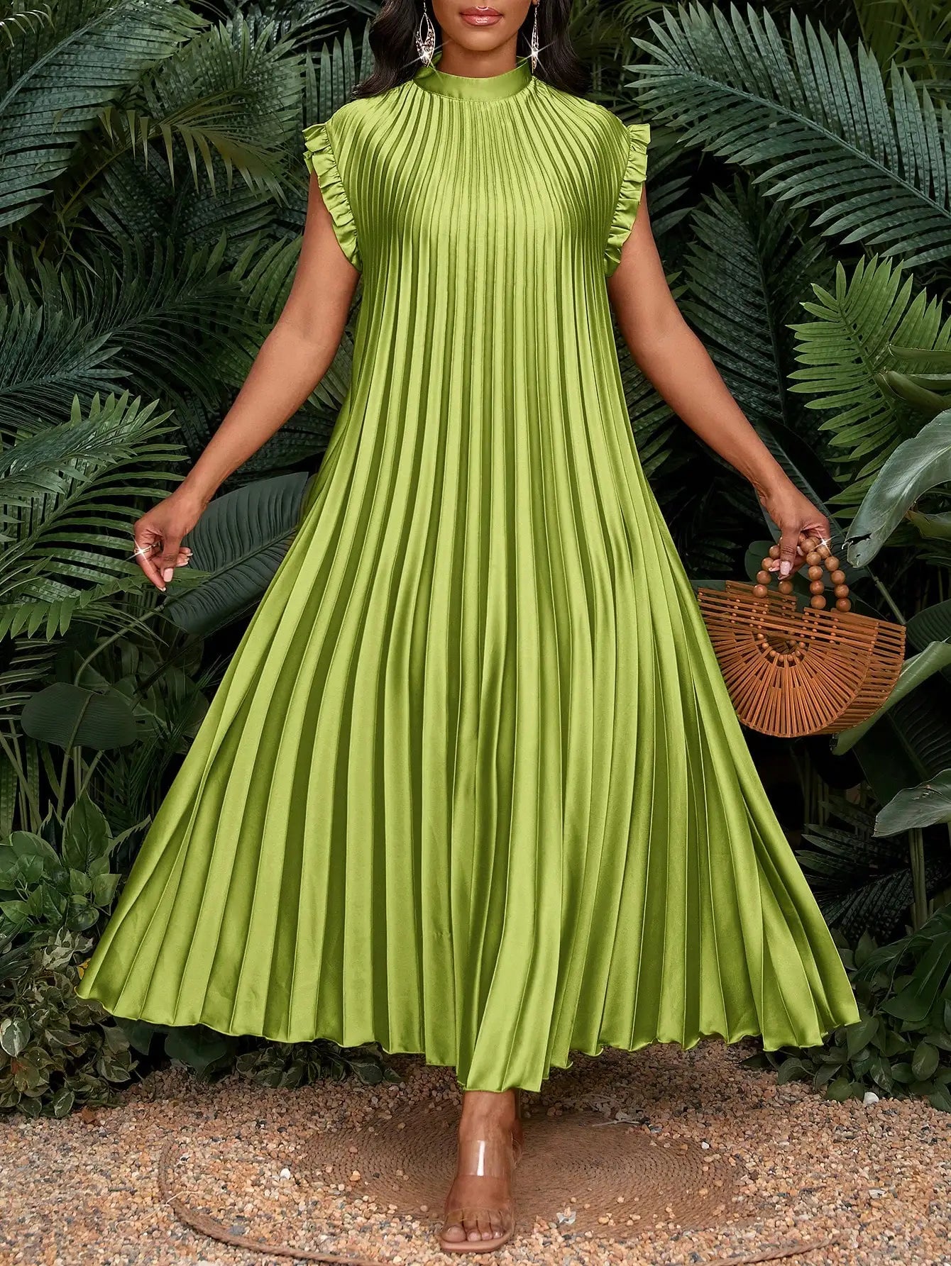 Pleated A-Line Maxi Dress With Stand Collar And Ruffle Cap Sleeves For Party Wedding Beach Event