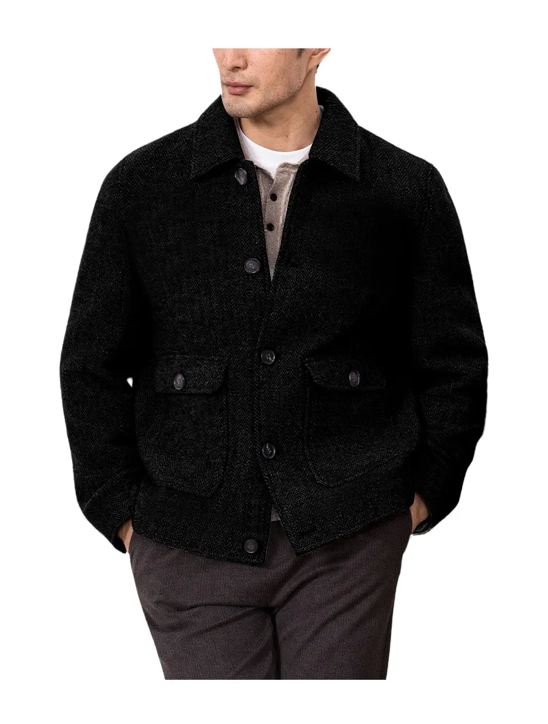 Men Vintage Herringbone Short Lapel Button Jacket Casual Outerwear For Daily Commute Weekend Dating Coffee Street Trip Gathering