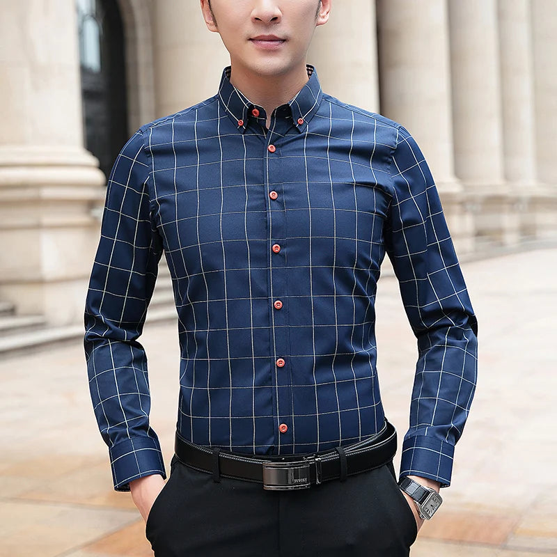 BROWON Brand Shirts Men Long Sleeve Turn-down Collar Plaid Pattern Men's Shirt Smart Casual Business Shirt Plus Size M - 5XL