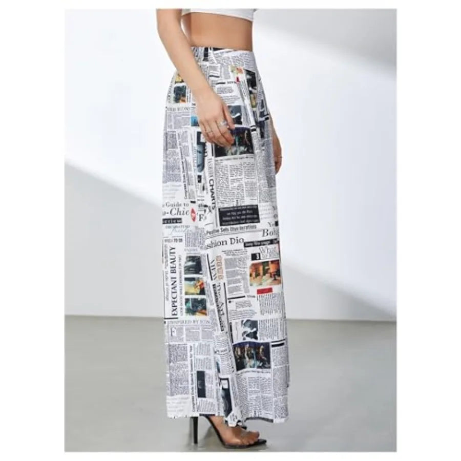 WDIRARA Women's Newspaper Print Wide Leg Pants Elastic Waist Loose Funky Letter Print Palazzo Pants
