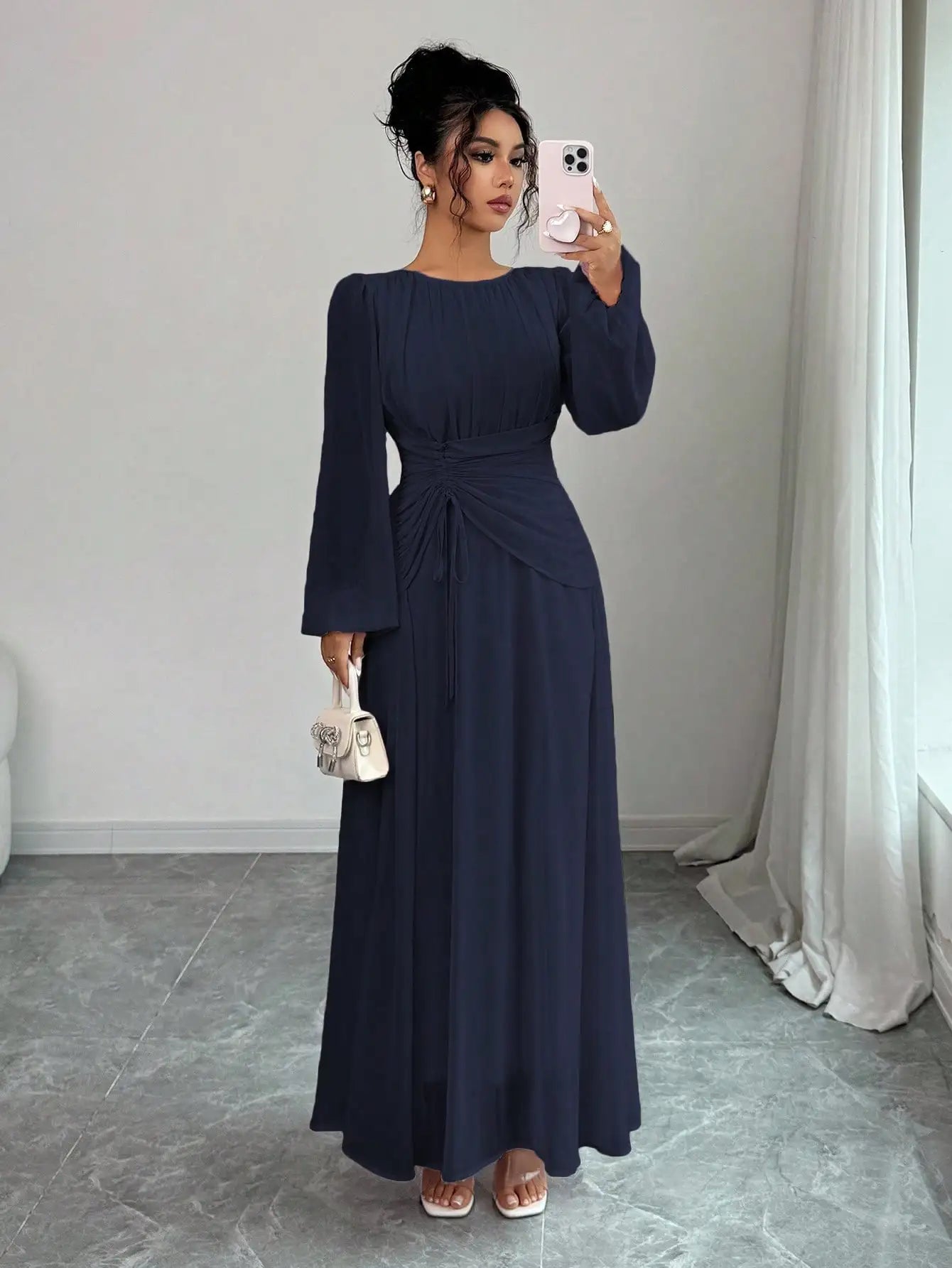 Women's Spring Summer Romantic Elegant Ruched Waist A-Line Long Sleeve Maxi Dress