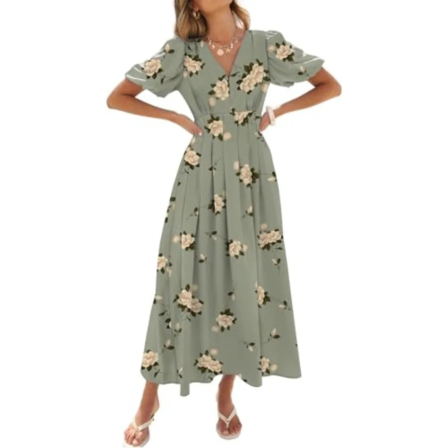 Caracilia Women's Floral Maxi Dress, Spring Wedding Guest Formal Party, V Neck Puff Sleeve Full Lined, Summer Casual Dresses