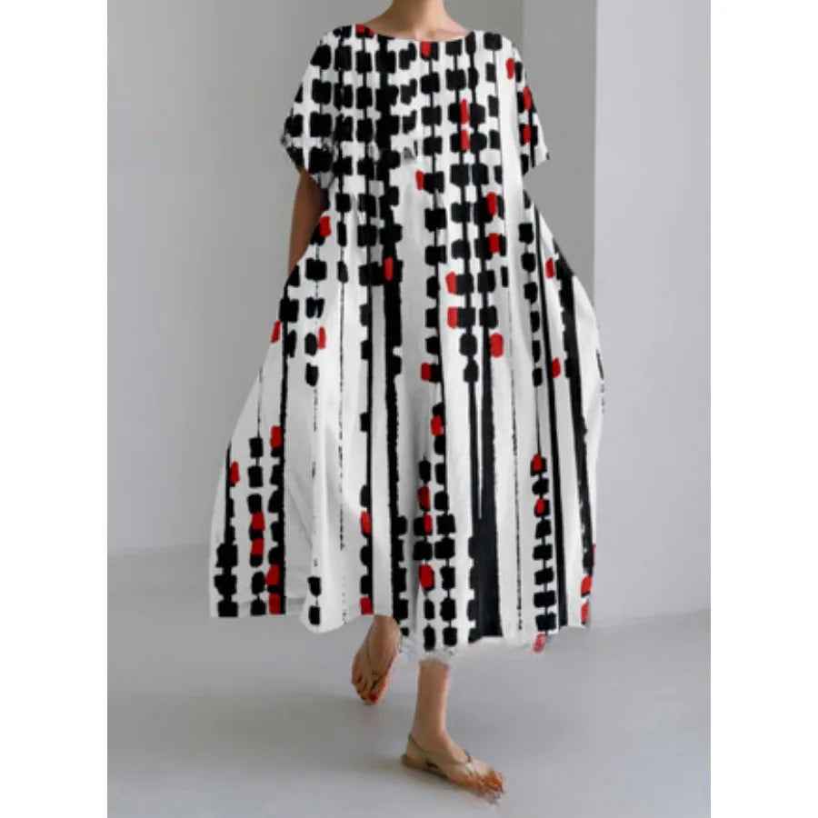 【New style】 - summer new European and American women's clothing loose round neck fashionable high-end short-sleeved printed dre