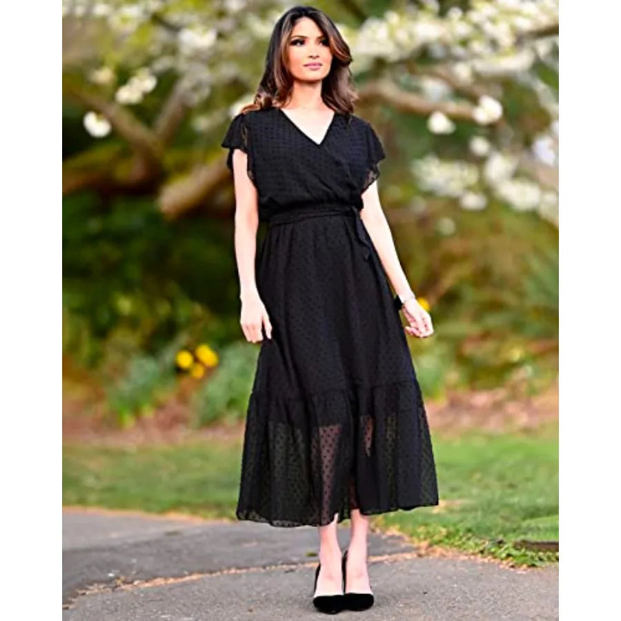 BTFBM Women Summer Bohemian Casual Wrap V Neck Ruffle Cap Sleeveless Belt A-Line Pleated Hem Midi Sun Dress