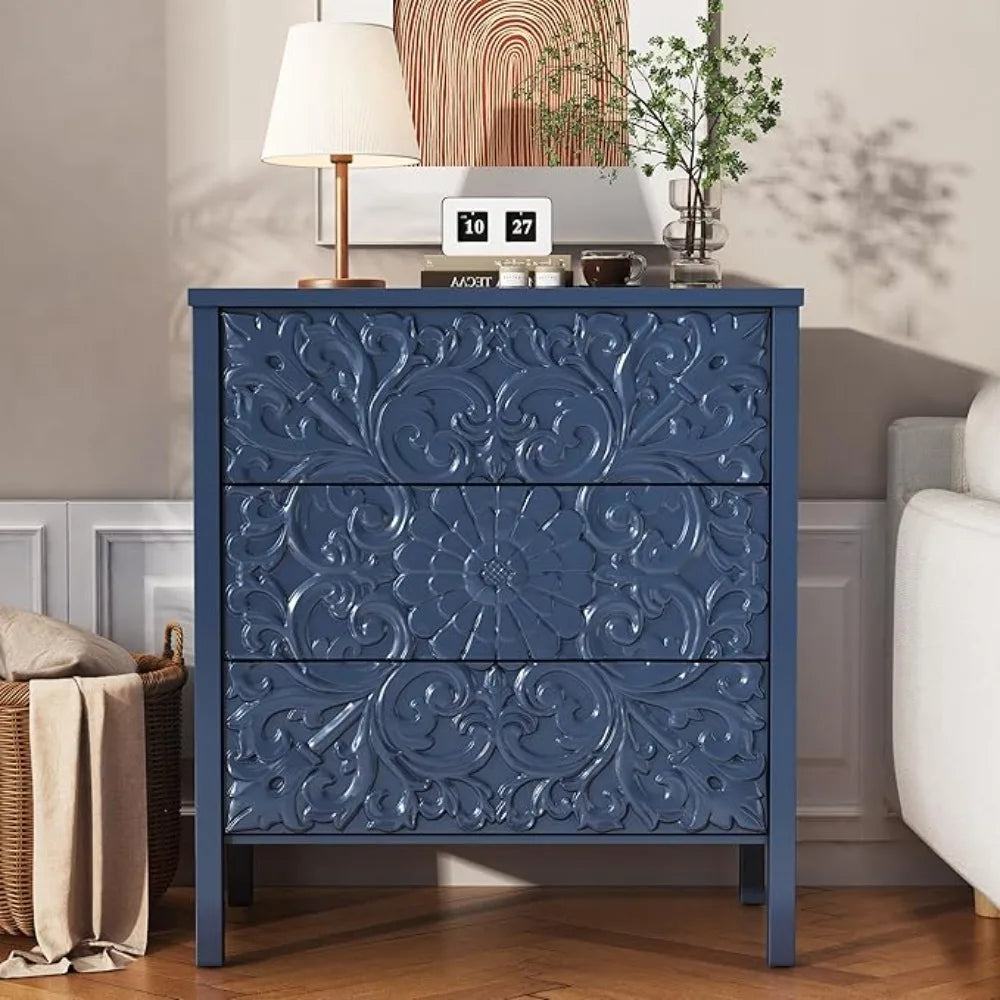 3-Drawer Dresser Chest, Modern Wooden Flower Motif Dressers with Wide Storage Space Chest of Drawers Bedside, Customized