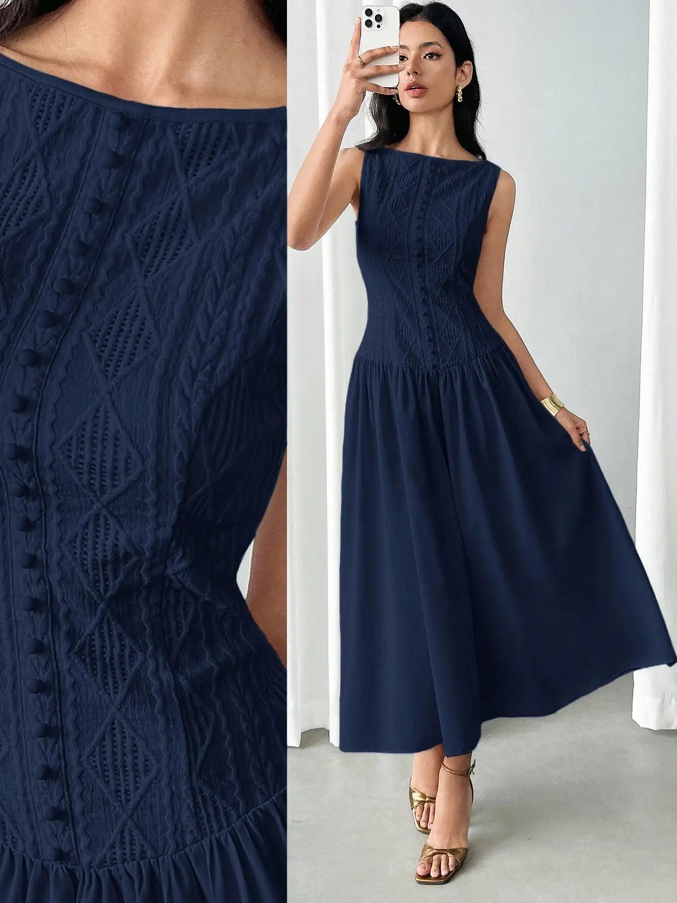 Women's Summer Elegant Solid Color Textured Sleeveless Midi Dress