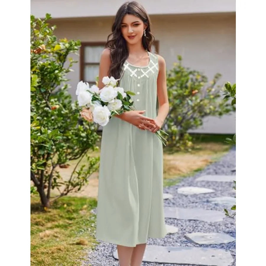Ekouaer Nightgowns for Women Cotton Long Night Gown Sleeveless Sleep Dress Victorian Nightdress Ladies Sleepwear
