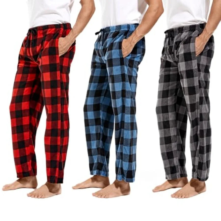 1Pack or 3Pack Mens PJ Pajama Pants Bottoms Fleece Lounge Pants Sleepwear Plaid PJs with Pockets Microfleece