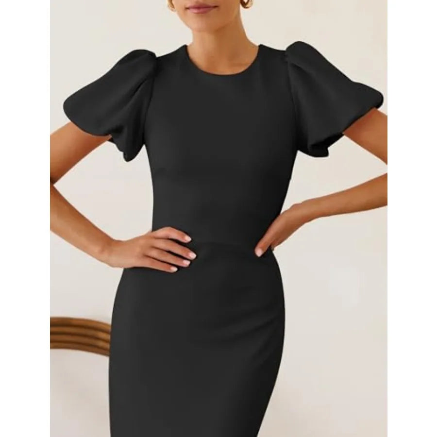 ZESICA Women's Summer Short Sleeve Bodycon Midi Dress 2026 Spring Elegant Formal Wedding Guest Cocktail Party Dresses