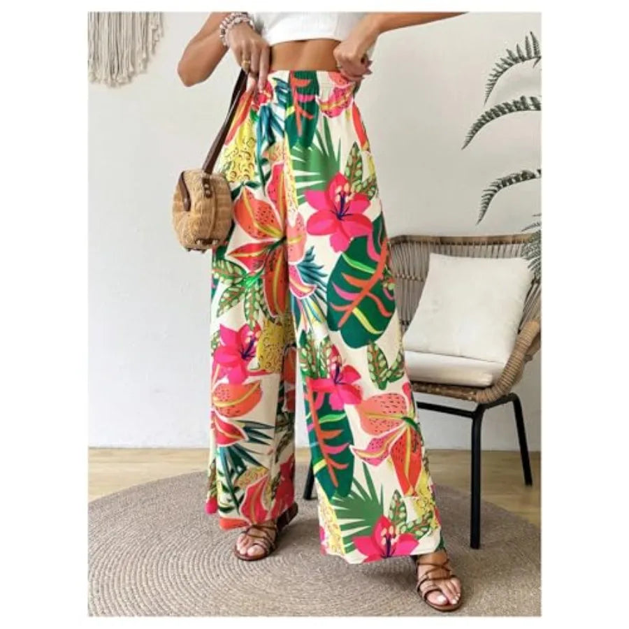 WDIRARA Women's Tropical Floral Print Elastic Waist Wide Leg Pants Palazzo Pants
