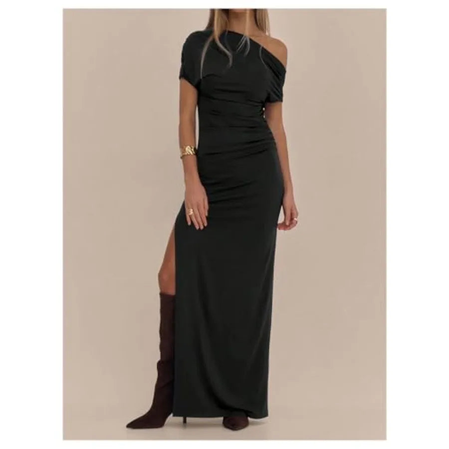 GORGLITTER Women's Asymmetrical One Shoulder Maxi Dress Formal Wedding Guest Cocktail Prom Summer Ruched Long Sundress