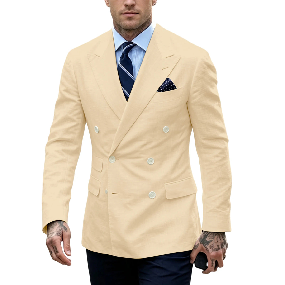 Men's Double Breasted Blazer Slim Fit Linen Suit Jacket Formal Business Casual Tuxedo for Wedding Prom Office Party Daily Wear