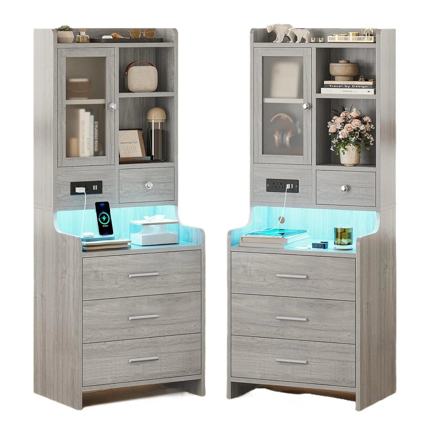Grey Nightstand Set of 2 with Charging Station,49.2" LED Night Stand for Bedroom,Tall Bedside Table with Bookshelf, Customized