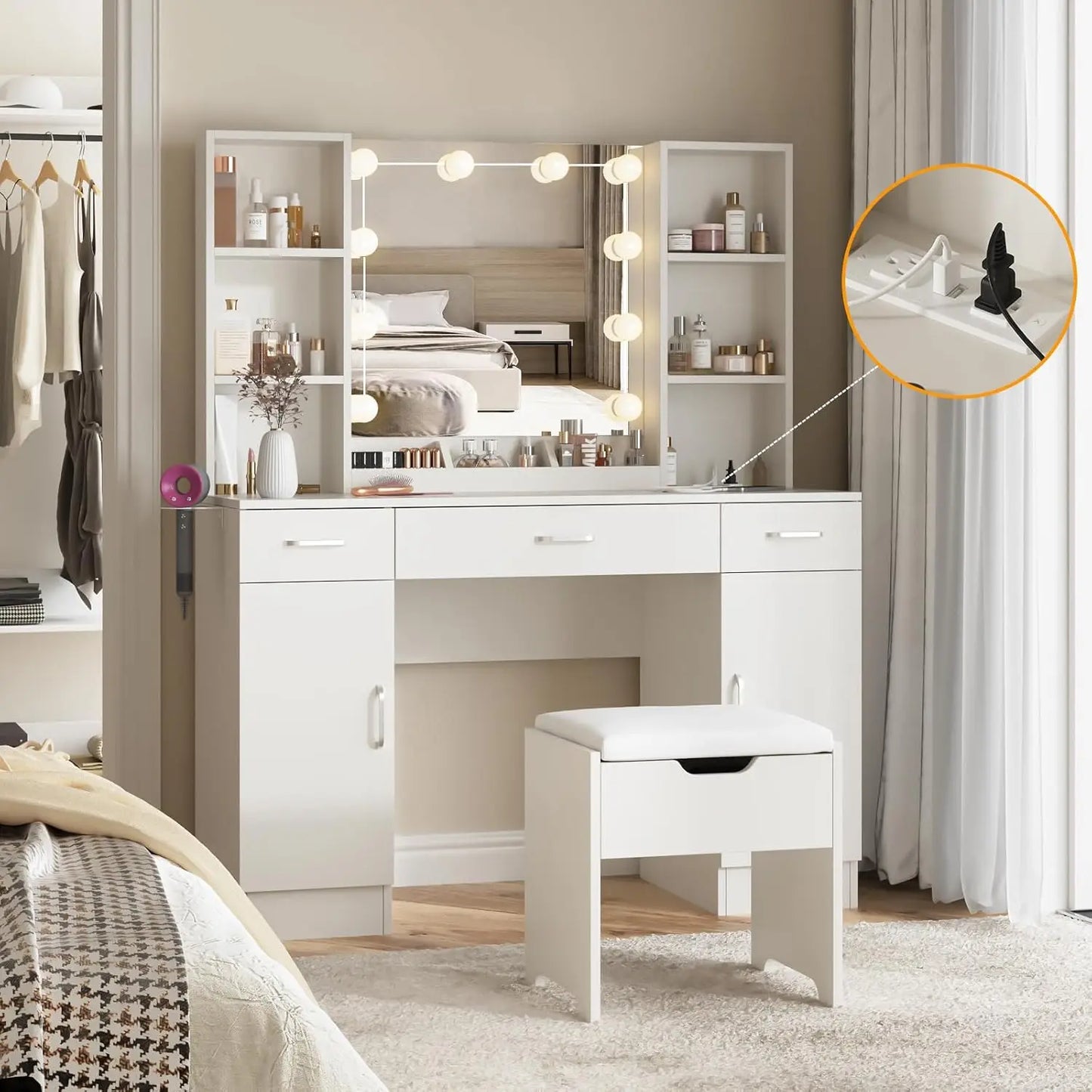 Makeup Vanity Table with Lighted Mirror & Power Strip, Large Vanity Set Vanity Desk with Storage Stool, 3 Lighting, Customized