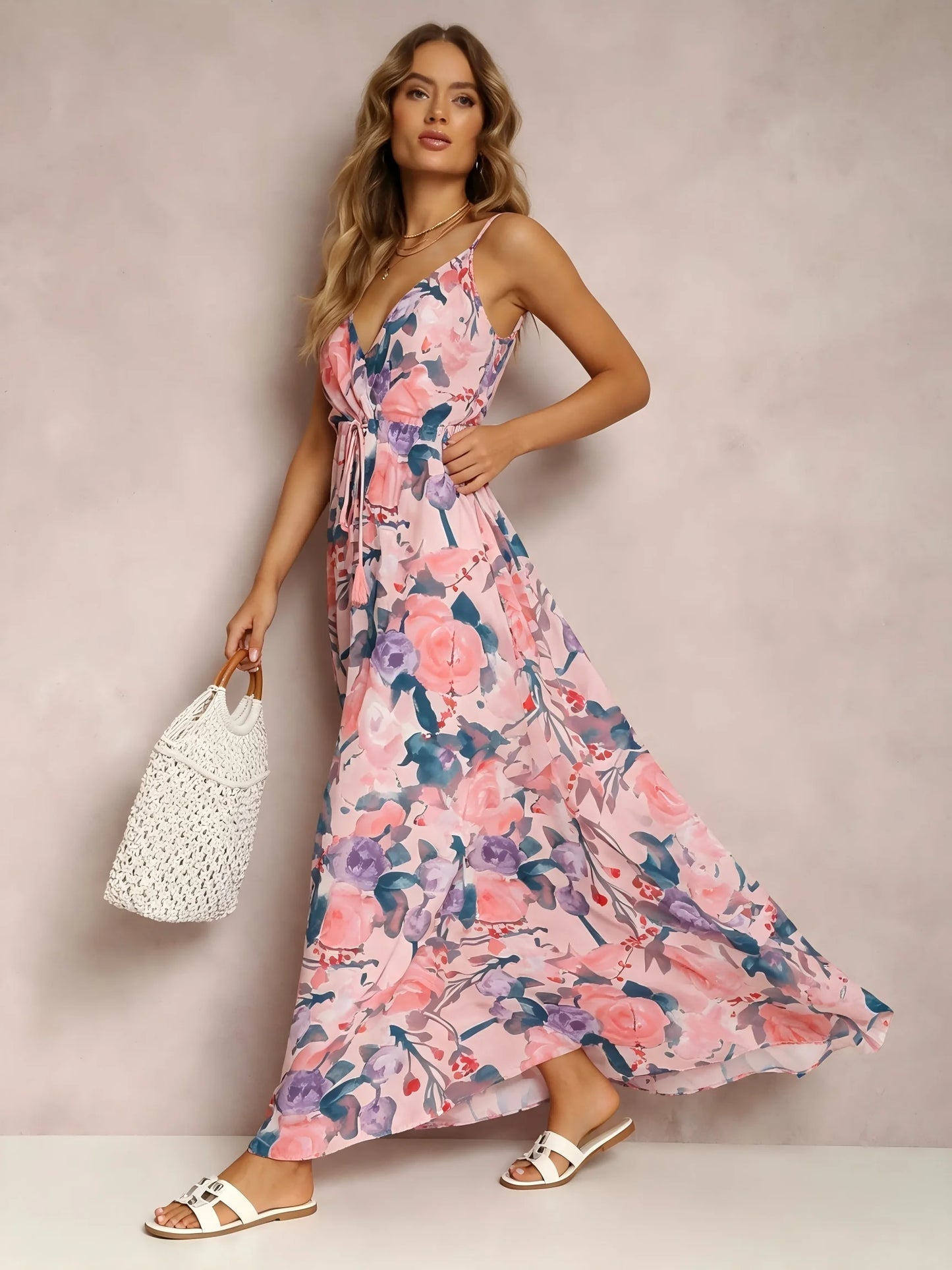 Women Watercolor Floral Print Maxi Dress V Neck Spaghetti Strap Tassel Tie Waist Smocked Back Summer Beach Holiday Casual Long Sundress