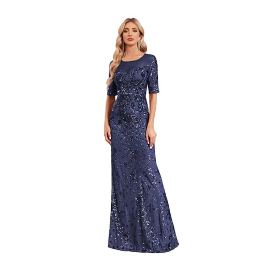 Short Sleeve Glitter Mermaid Evening Dress for Mother of The Bride Patchwork Women's Sequin Formal Gown