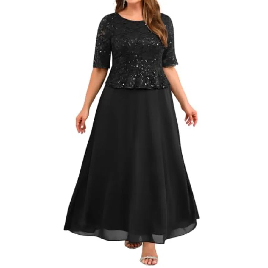 Plus Size Formal Dresses - Mother of The Bride Evening Gowns Wedding Guest Sequin Lace Bodice Long Dress Women