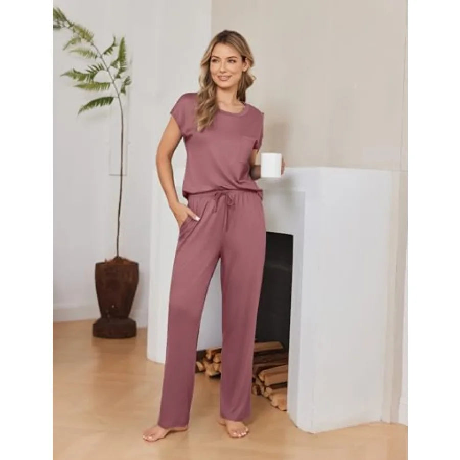 Ekouaer 2 Packs Pajamas for Women Set Cap Sleeve Top and Pants Soft Sleepwear Comfy Pjs Set with Pockets Loungewear
