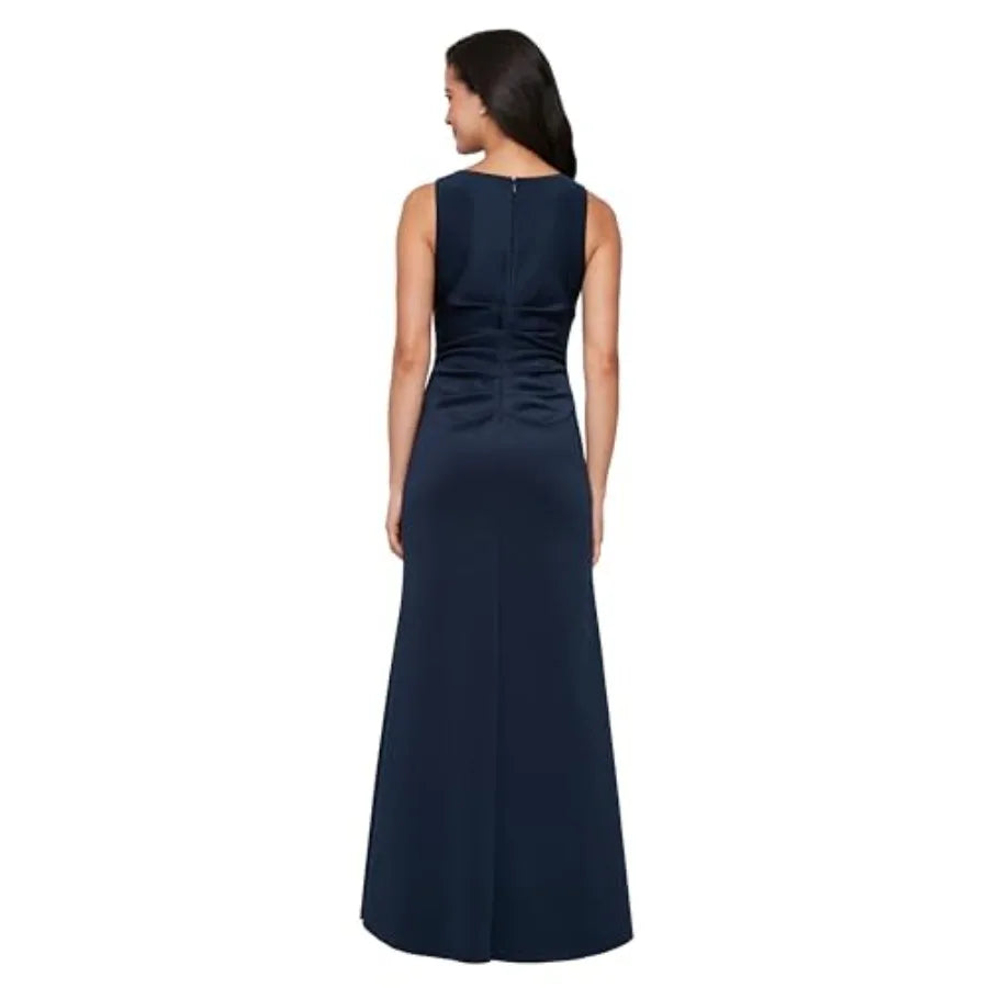 Women's Sleeveless Stretch Scuba Crepe Mother of the Bride Dress with Tucked Waist and Cascade Detail Skirt