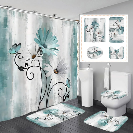 Shower Curtain Set With Bath Mat And Rugs 4 Pieces