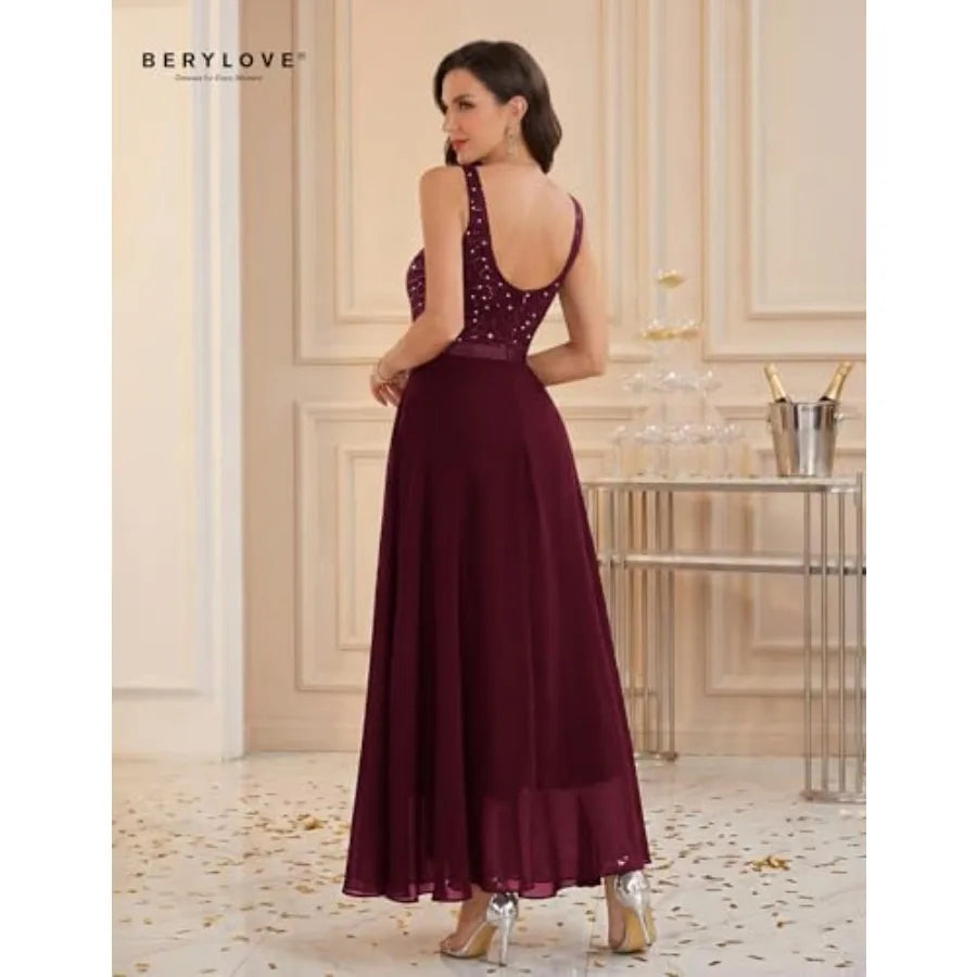 BeryLove Sequin Formal Dress for Woman A Line Lace Prom Dresses Sleeveless Cocktail Maxi Gowns