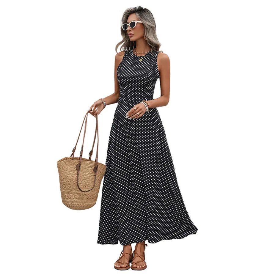 European and American 2026 new style retro vacation style mid-length dress sleeveless waist lace back-off polka dot dress