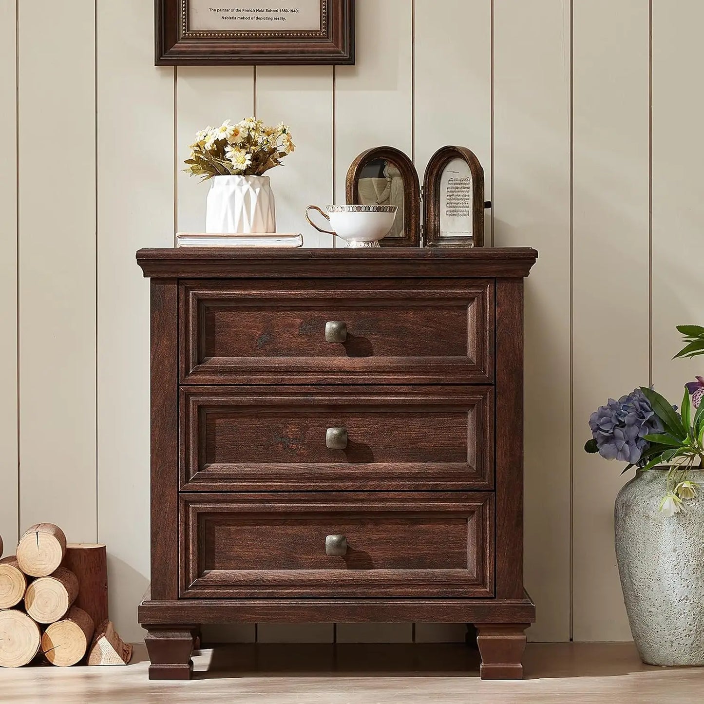 Farmhouse Nightstand Set of 2, Rustic Couch End Table with 3 Drawers & 4 Square Solid Wood Legs, Vintage Bed Side, Customized