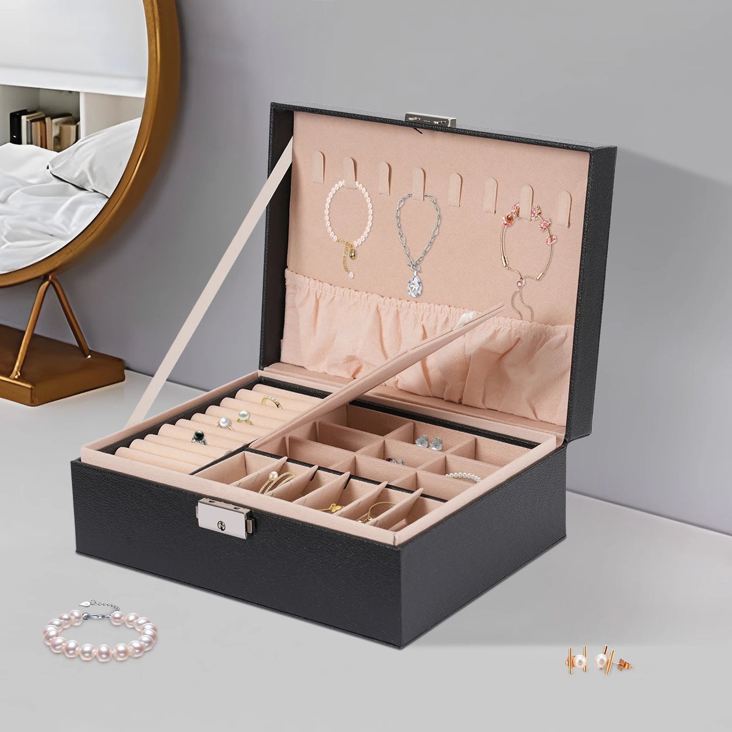 Jewelry Box Double Lock Leather Jewelry Box PVC Large Storage Case Ring Box Organizer Classic Jewelry Display Case Holder