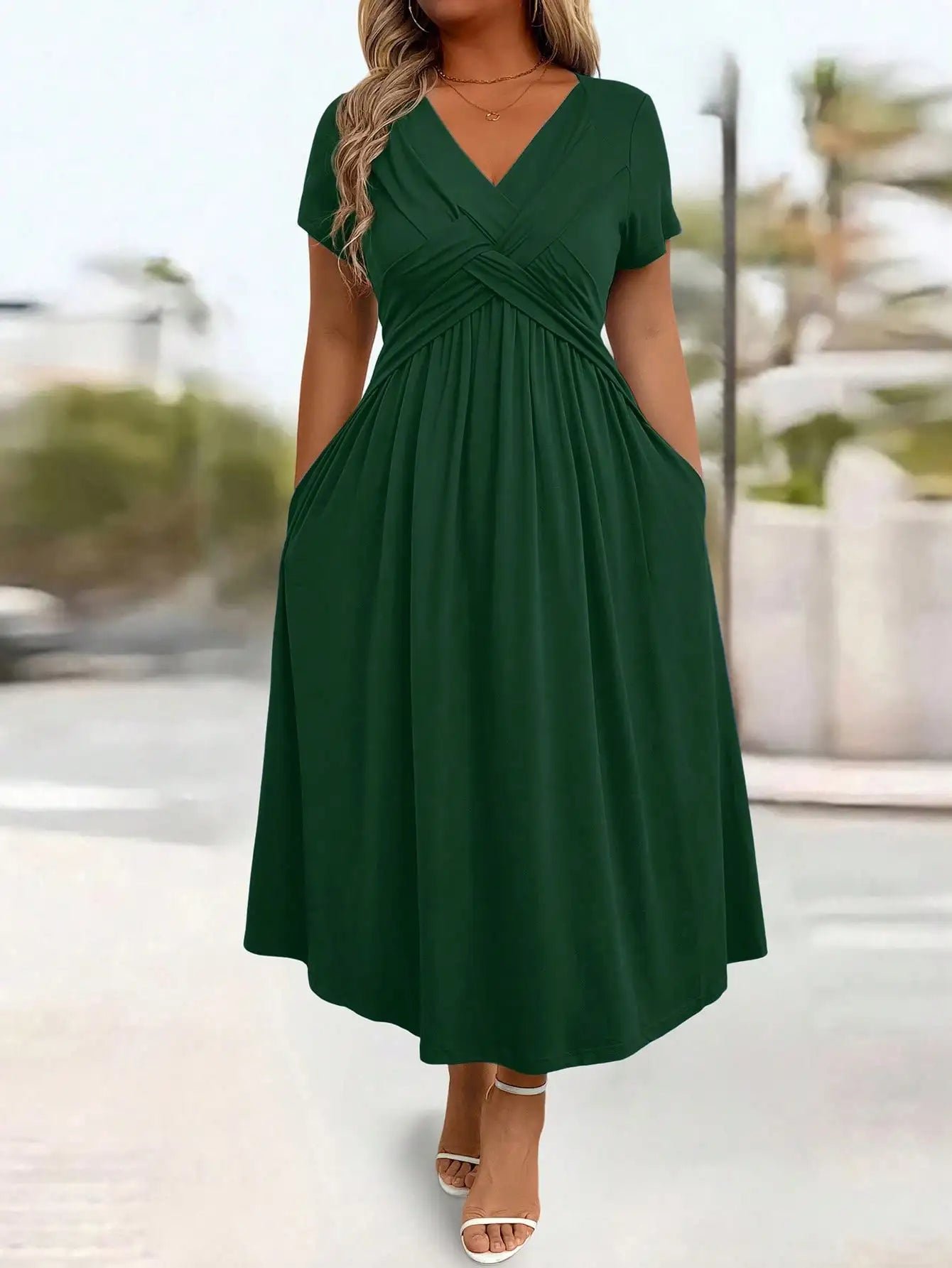 Casual Solid Color Twist Front A-Line Midi Dress For Women