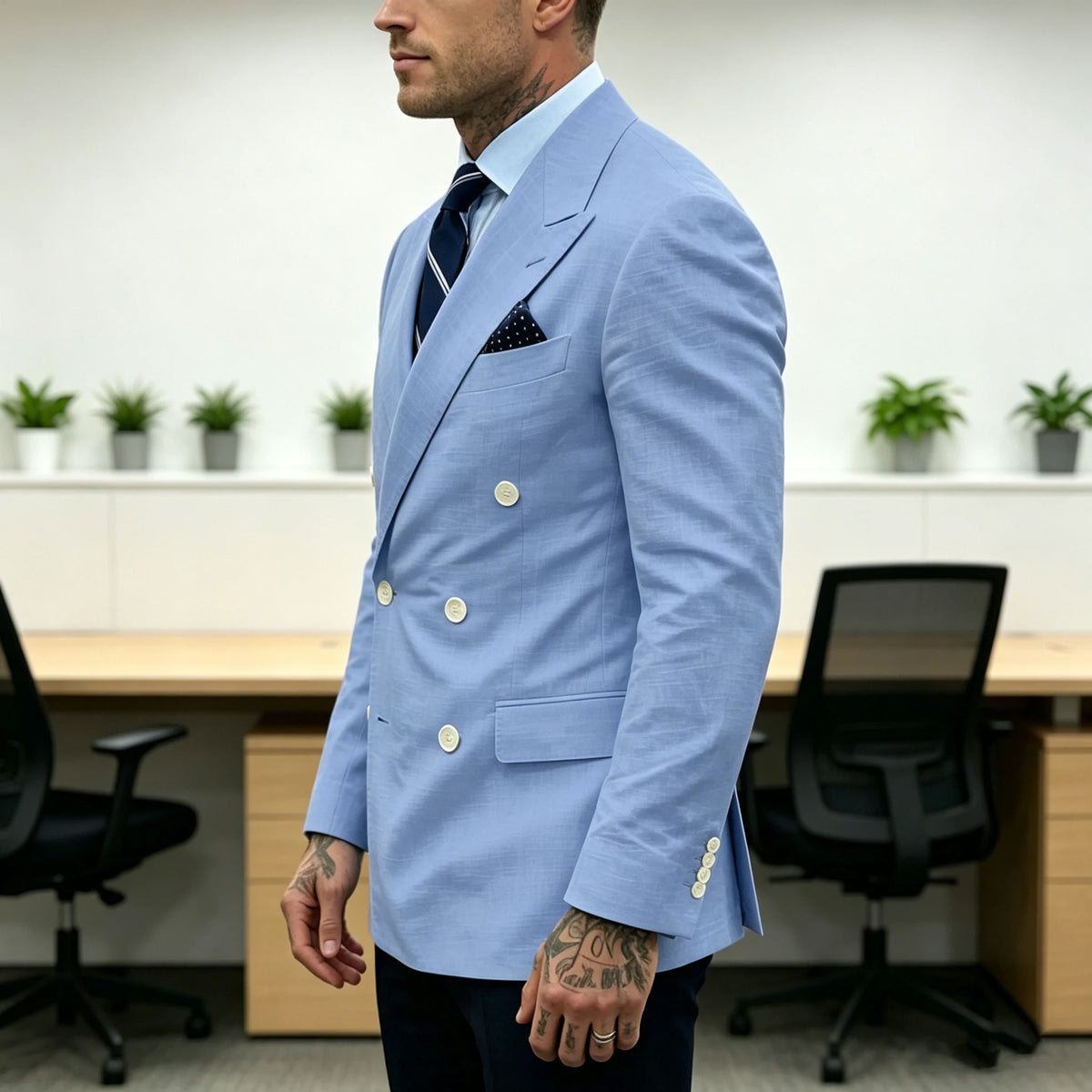 Men's Double Breasted Blazer Slim Fit Linen Suit Jacket Formal Business Casual Tuxedo for Wedding Prom Office Party Daily Wear