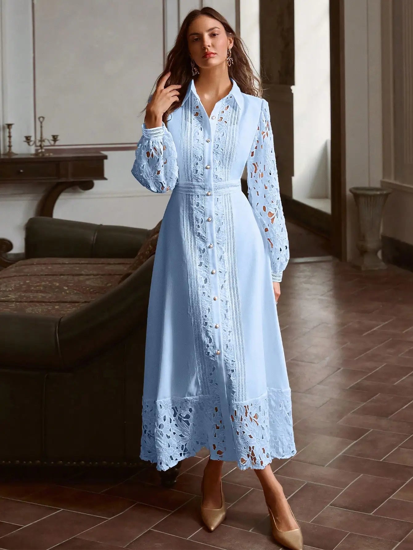 Elegant Solid Sky Blue Hollow Lace Patchwork Button Down Dress Vintage Style
