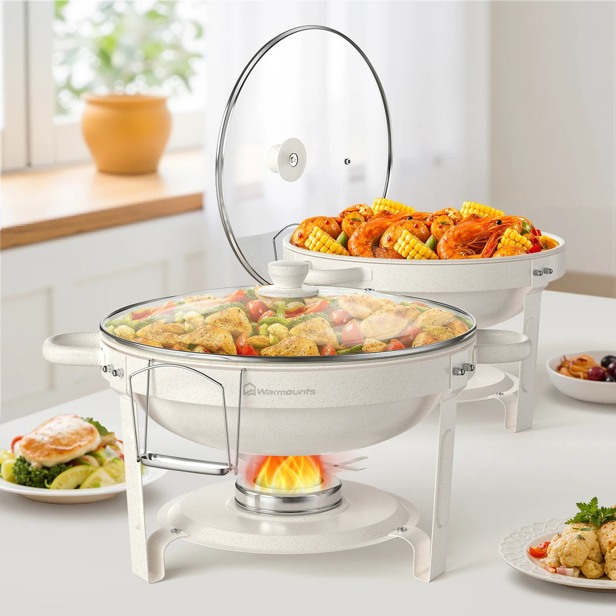 Warmounts Fully Coated Round Chafing Dishes Buffet Set With Glass Lid