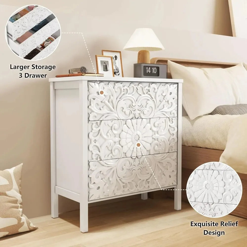 3-Drawer Dresser Chest, Modern Wooden Flower Motif Dressers with Wide Storage Space Chest of Drawers Bedside, Customized