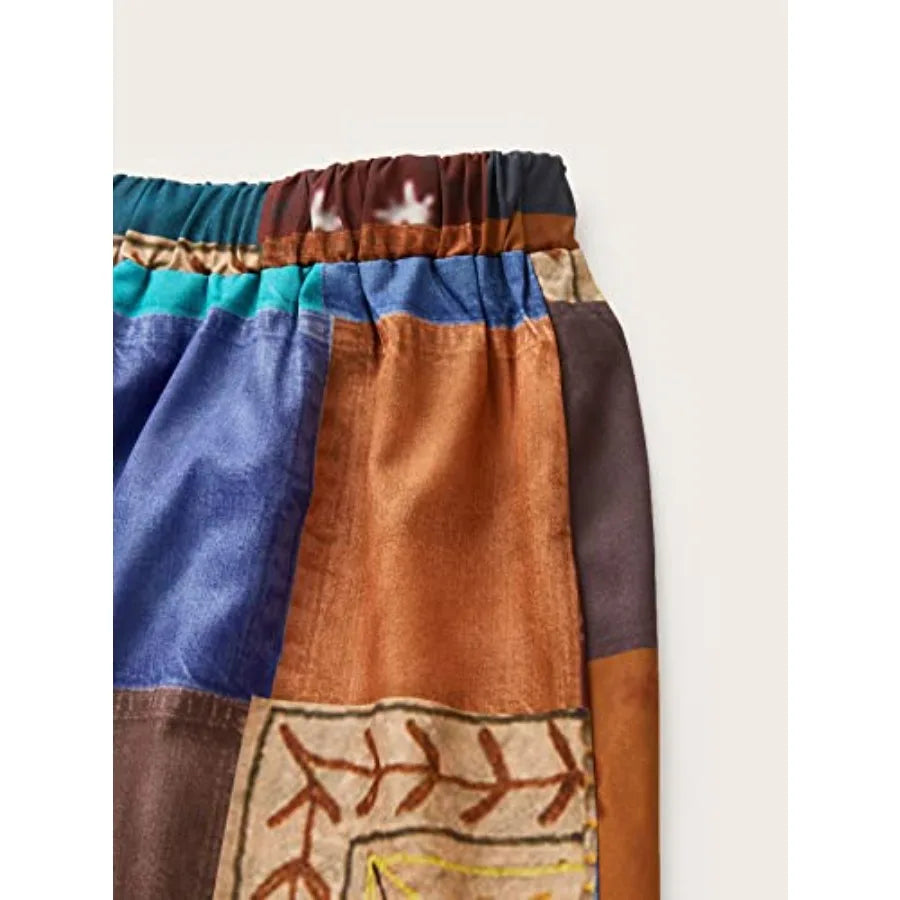 WDIRARA Women's All Over Print Patchwork Wide Leg Hippie Elastic High Waist Boho Pants