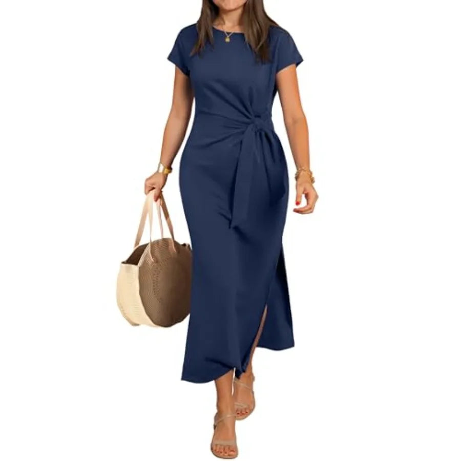 ANRABESS Womens Summer Maxi Dress Casual Crew Neck Tie Waist Split Wrinkle-Free Fit Long Fashion Vacation Dresses 2026 Spring