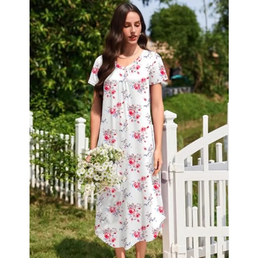 Ekouaer 3 Pack Long Nightgowns for Women Plus Size House Dress Short Sleeve Night Gown V Neck Casual Nightshirt M-5XL