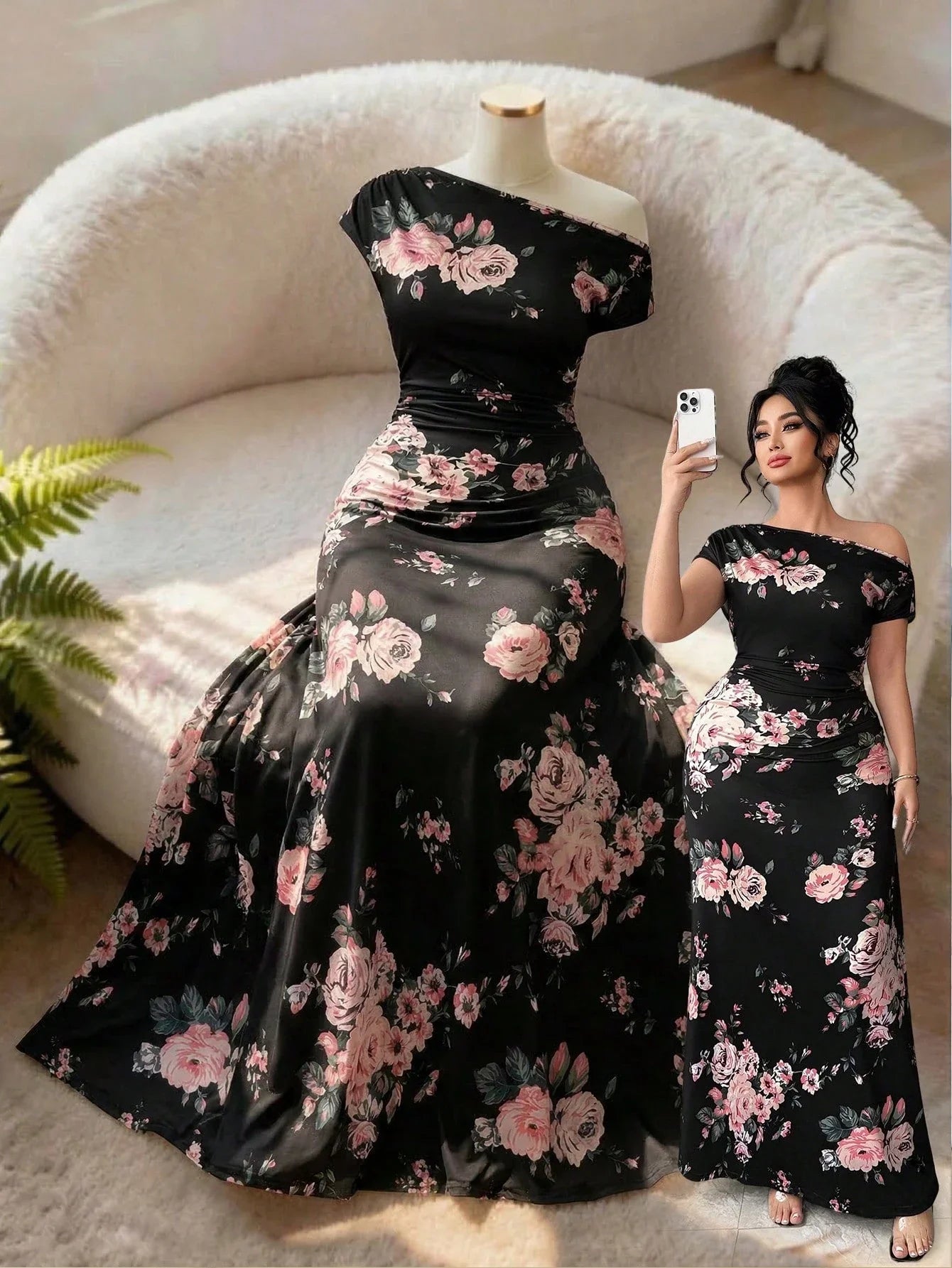 Off Shoulder Floral Print Short Sleeve Floor Length A-Line Dress For Women