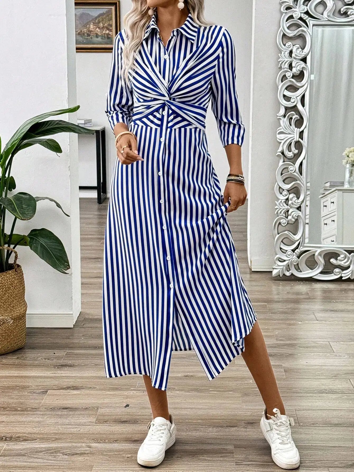 Blue And White Striped Twist Front Midi Dress With Belt